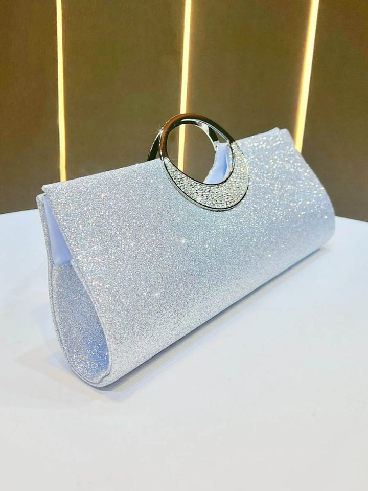 BOLSA DE NOITE COM LANTEJOULAS, STRASS E CORRENTE