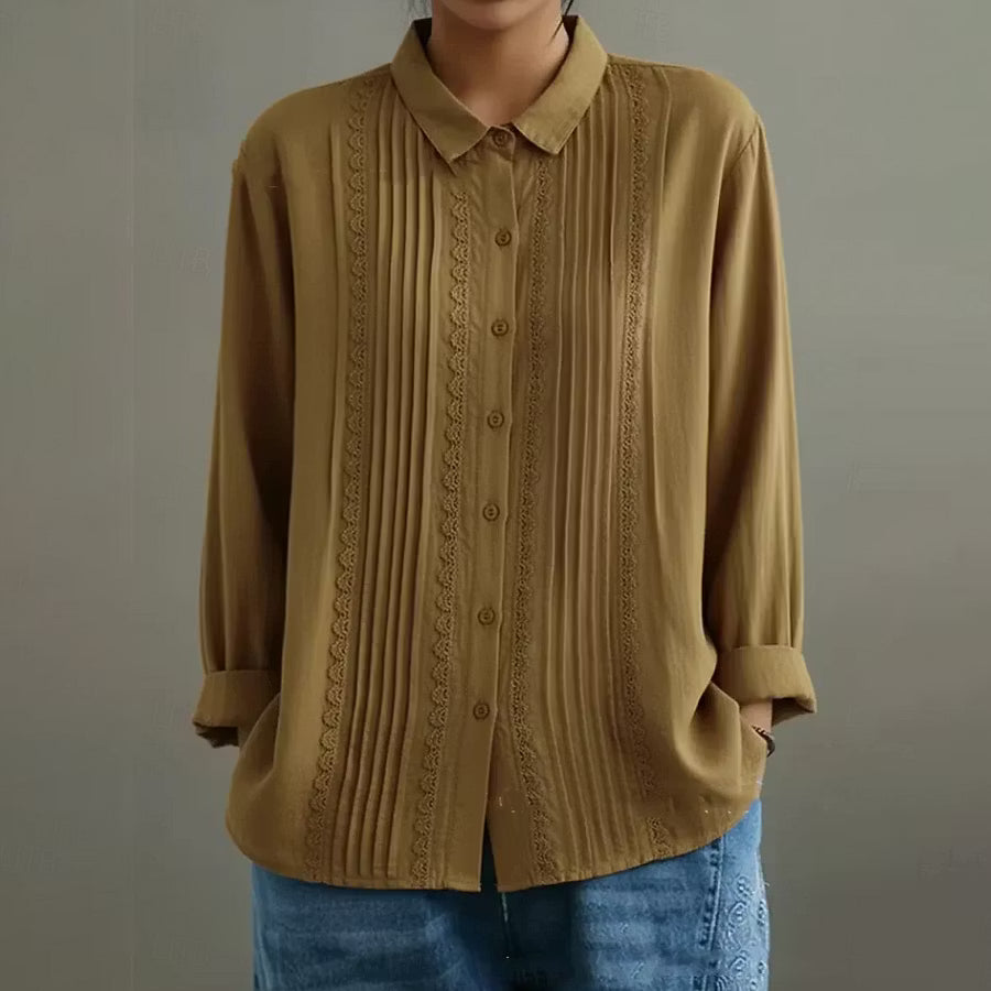 BLUSA FEMENINA CASUAL CON BOTONES EN LINO MIXTO Y DETALLES DE ENCAJE