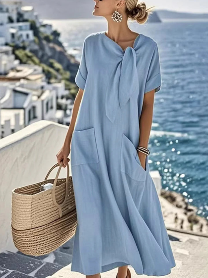 Vestido Maxi Holgado Asimétrico Con Bolsillos, Nudo Y Cuello Lazo