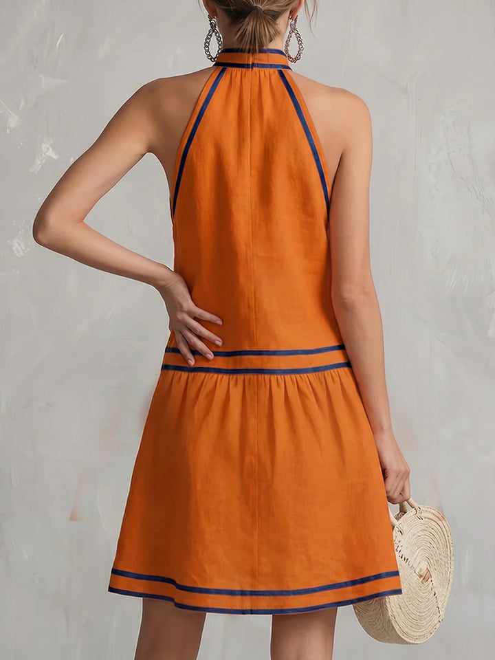 Vestido Mini Corte A Sin Mangas Halter Cremallera Bolsillos Color Contrastante