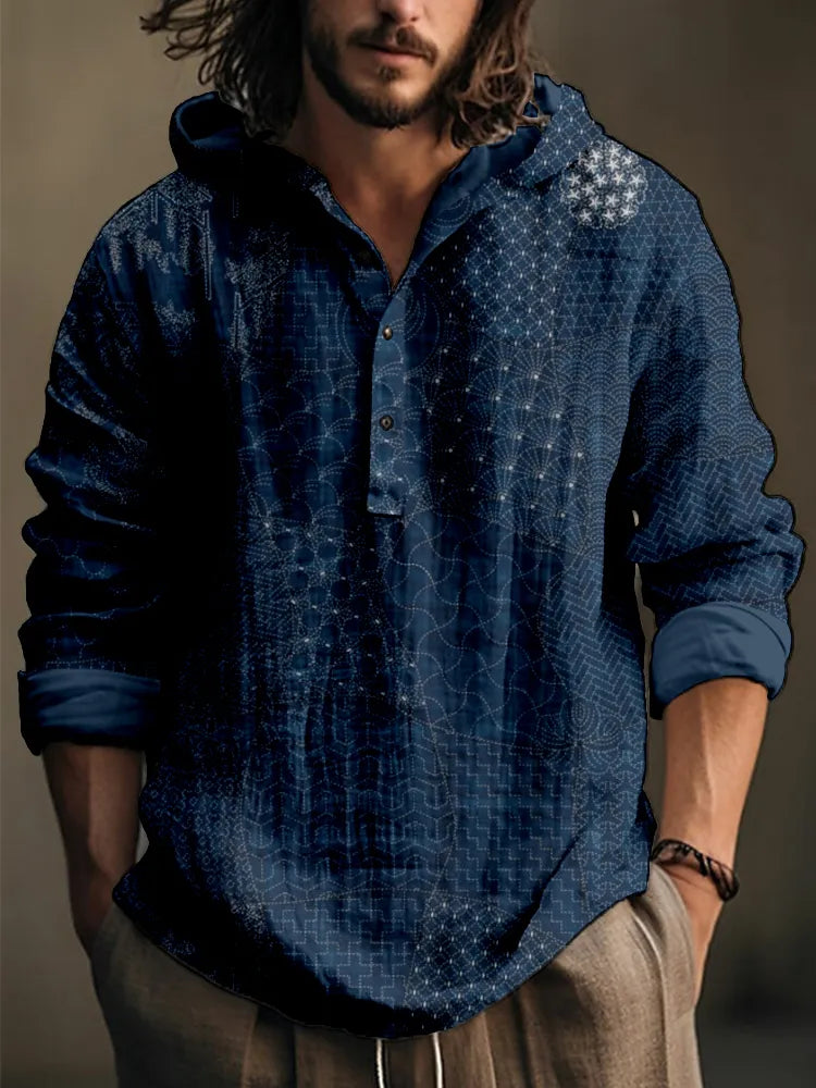 Camisa con capucha de lino estilo sashiko japonés