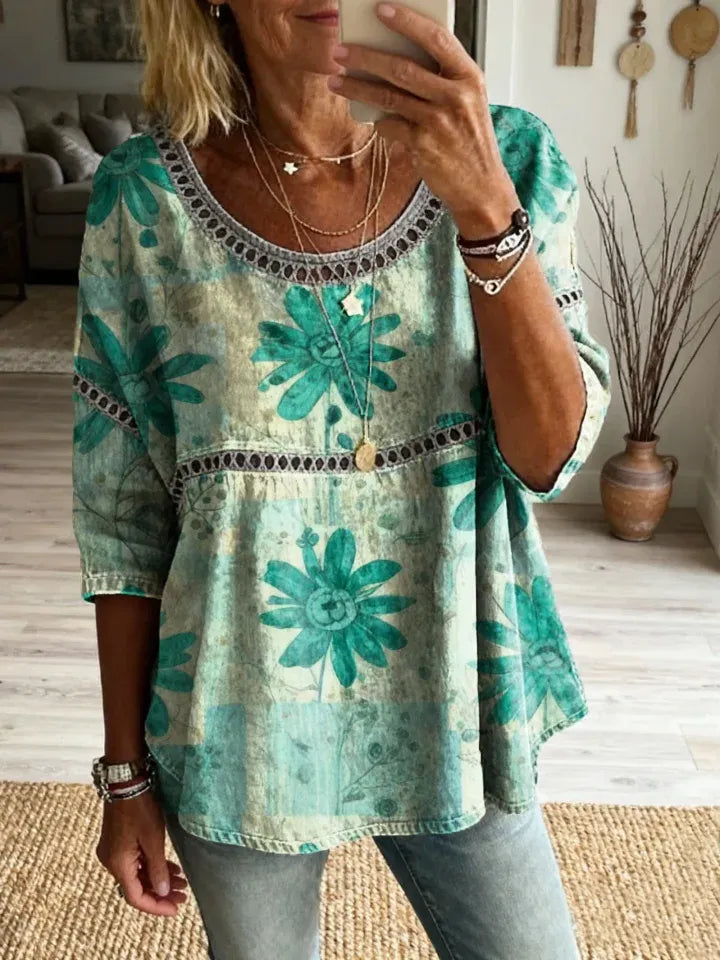 Top Boho Floral Vintage Lino