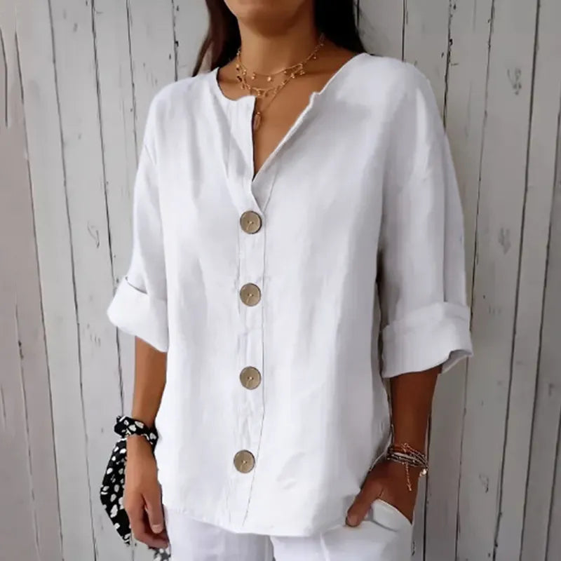 Camisa Casual De Mistura De Linho Com Botões Em Cor Lisa