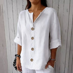 Camisa casual de mezcla de lino con botones en color liso