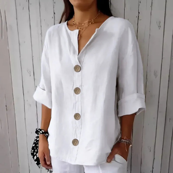 Camisa Casual De Mistura De Linho Com Botões Em Cor Lisa