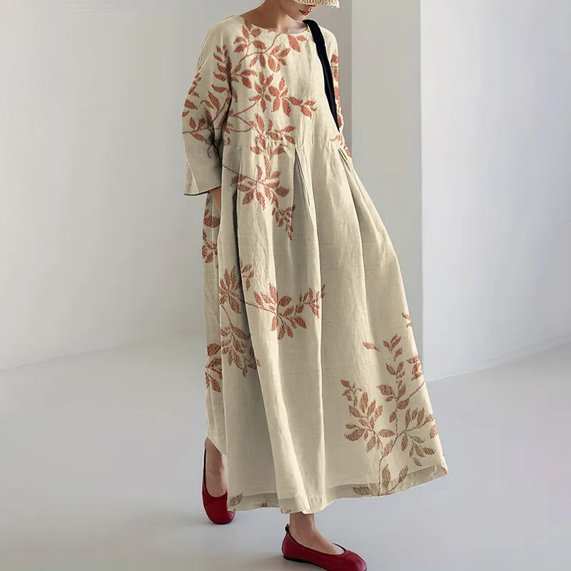 Vestido Midi Casual de Manga Larga con Estampado Floral de Arte Japonés