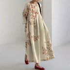 Vestido Midi Casual de Manga Larga con Estampado Floral de Arte Japonés
