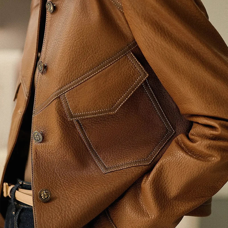 Anita - Elegant Women's Leather Jacket with Distinctive Collar and Pockets