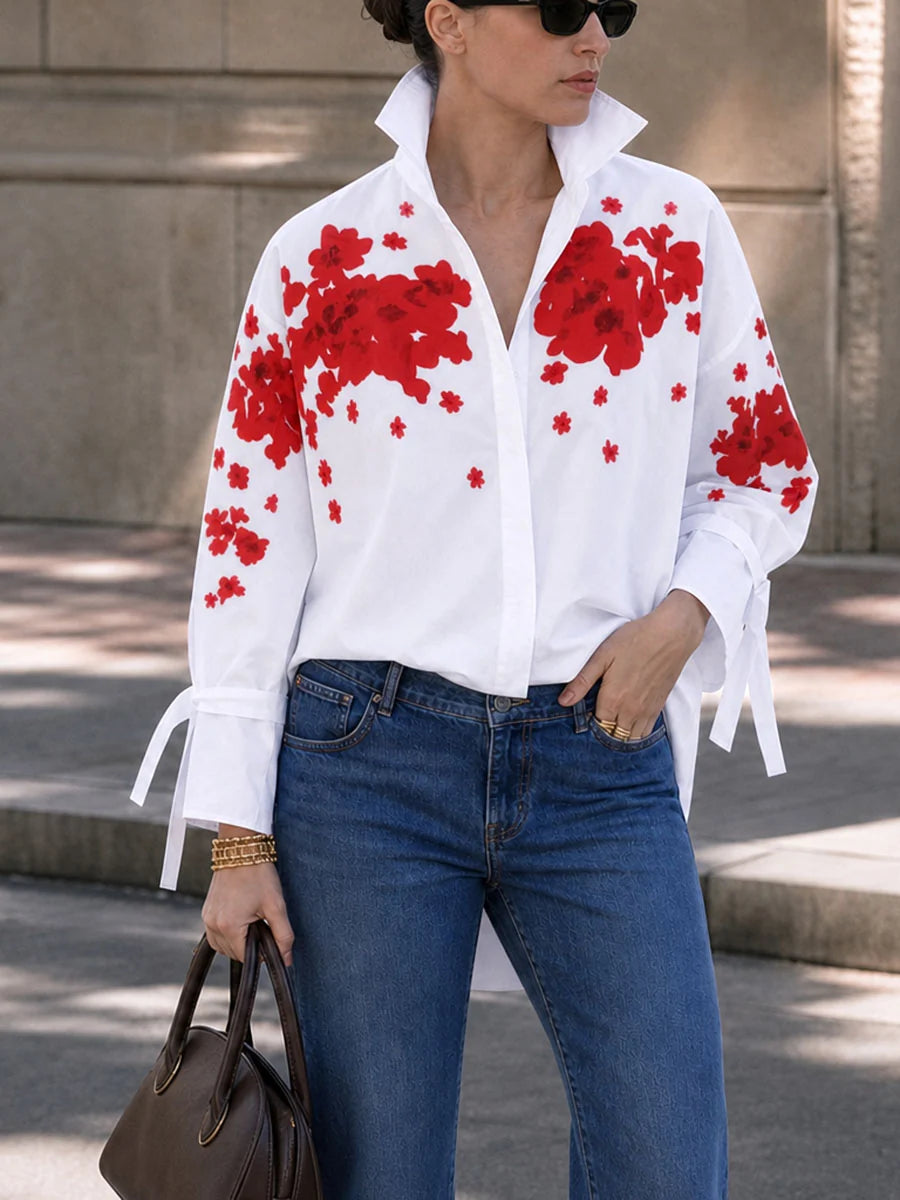 Blusa Camisa Estampado Floral Manga Larga Con Cuello En V Anudada Y Botones