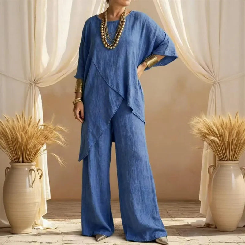 Conjunto de dos piezas top y pantalón de mezcla de lino fluido con diseño de doble capa