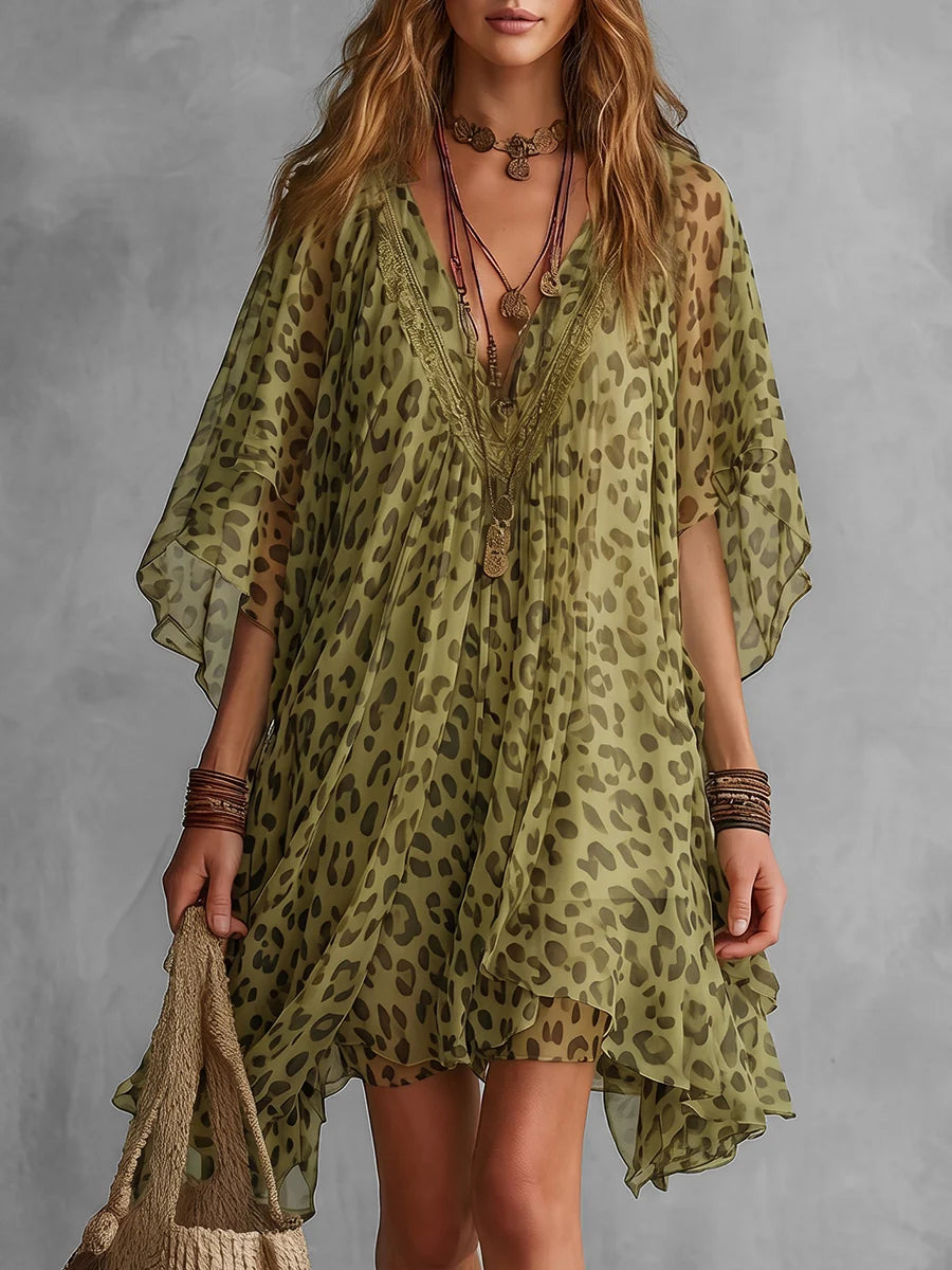 Vestido corto manga murciélago leopardo asimétrico volantes escote en v transparente