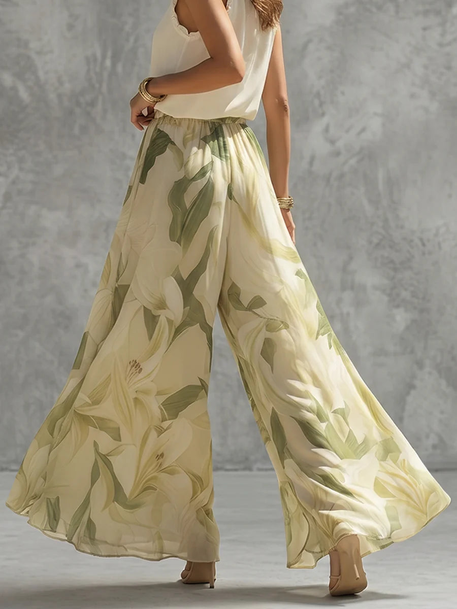 Pantalón De Pernera Ancha Cintura Alta Con Estampado Floral Y Contraste De Color - Elástico