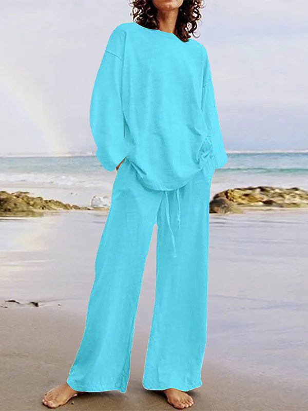 Conjunto Dos Piezas - Camisa Holgada Manga Larga Cuello Redondo + Pantalón Con Cordón - Color Liso