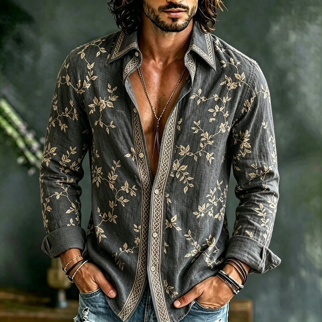 Camisa Hombre Manga Larga Estampado Floral Retro Algodón Lino