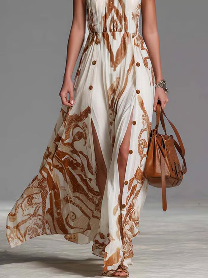VESTIDO MAXI BOHEMIO VINTAGE CON CUELLO HALTER, ESTAMPADO WESTERN Y ABERTURA EN CHIFÓN BLANCO ROTO