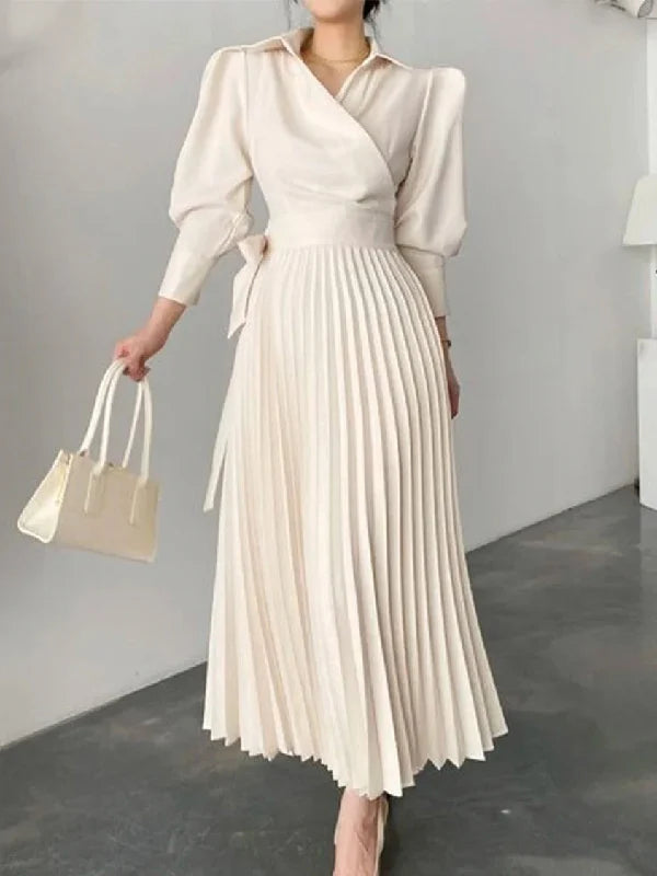 Vestido Maxi Camisero Asimétrico Plisado Con Solapa En Color Sólido