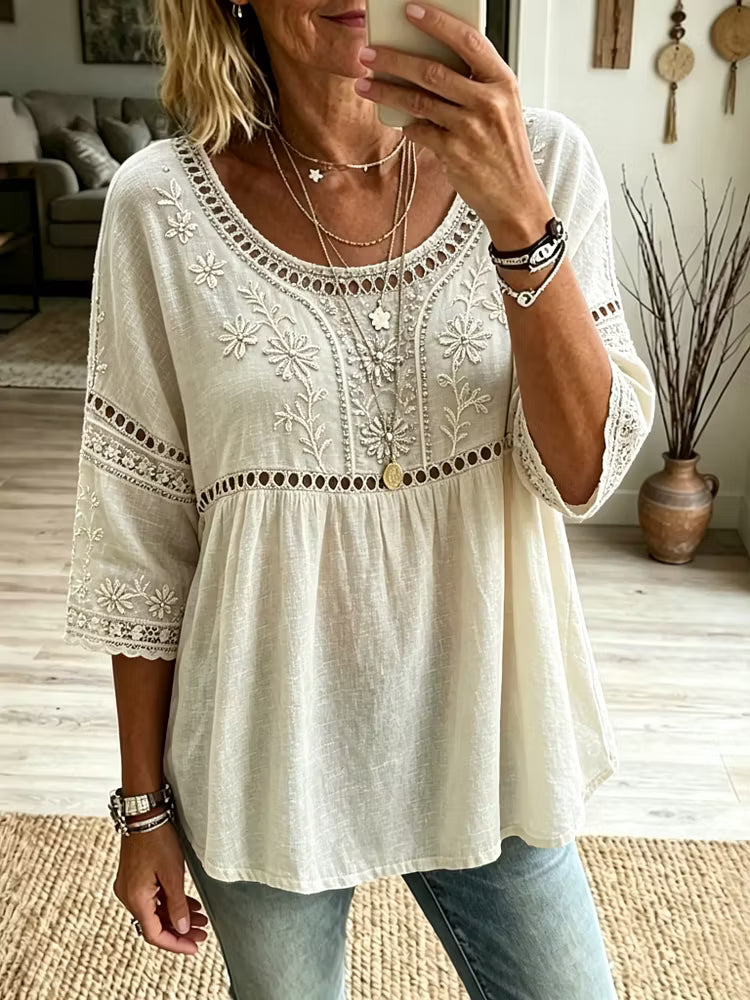 Blusa Manga 3/4 Con Bordado De Motivos Florales Y Libélulas Estilo Hippie Vintage En Algodón