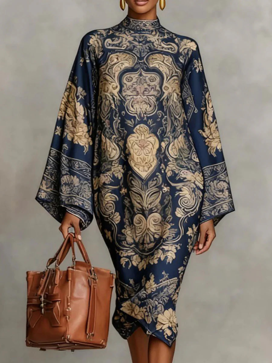 Vestido Midi Holgado De Manga Larga Con Estampado En Contraste Y Cuello Simulado