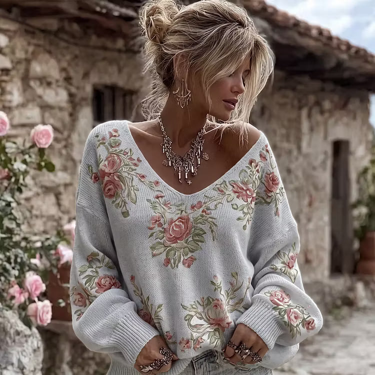 Suéter De Punto Con Cuello En V Y Estampado Floral De Rosas Vintage