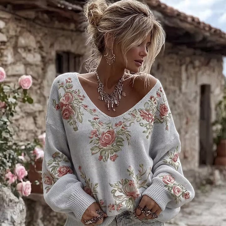 Suéter De Punto Con Cuello En V Y Estampado Floral De Rosas Vintage