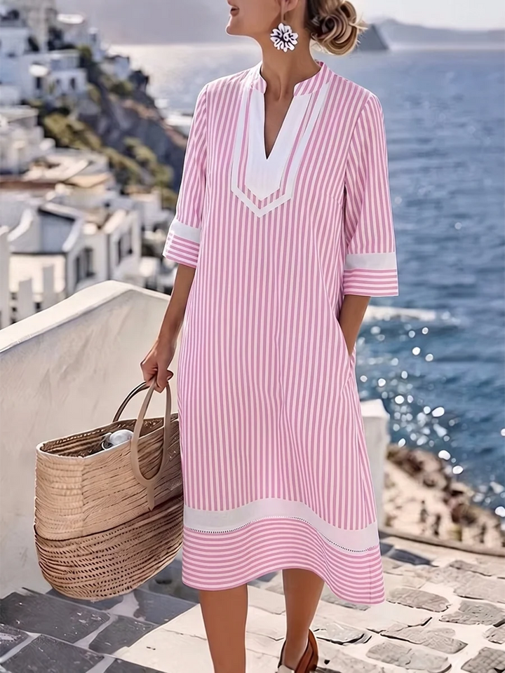 Vestido Midi Suelto Con Estampado De Rayas Contrastantes, Bolsillos Y Escote En V