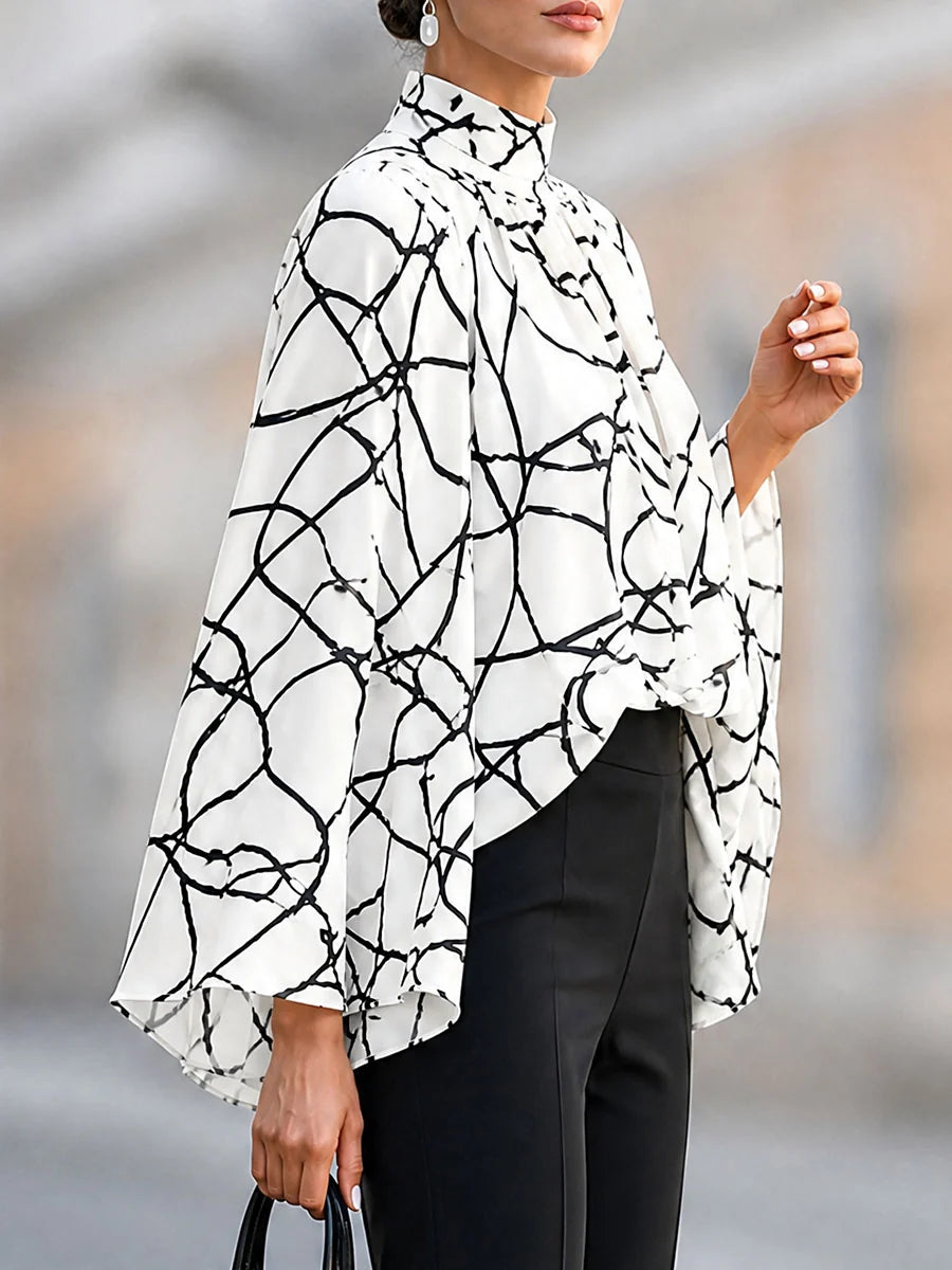 Blusa Chiffon Manga Larga Acampanada Con Cuello Alto Estampado Contrastante Transparente Y Abertura Lateral