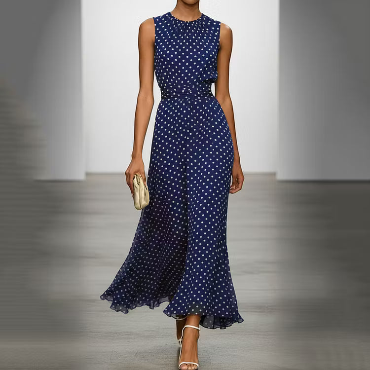 Vestido Elegante Sin Mangas Con Lunares De Estilo Francés Hasta El Tobillo