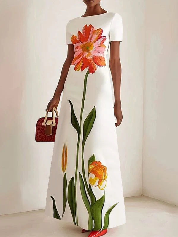 Vestido Maxi De Manga Corta Con Estampado Floral Y Escote Barco