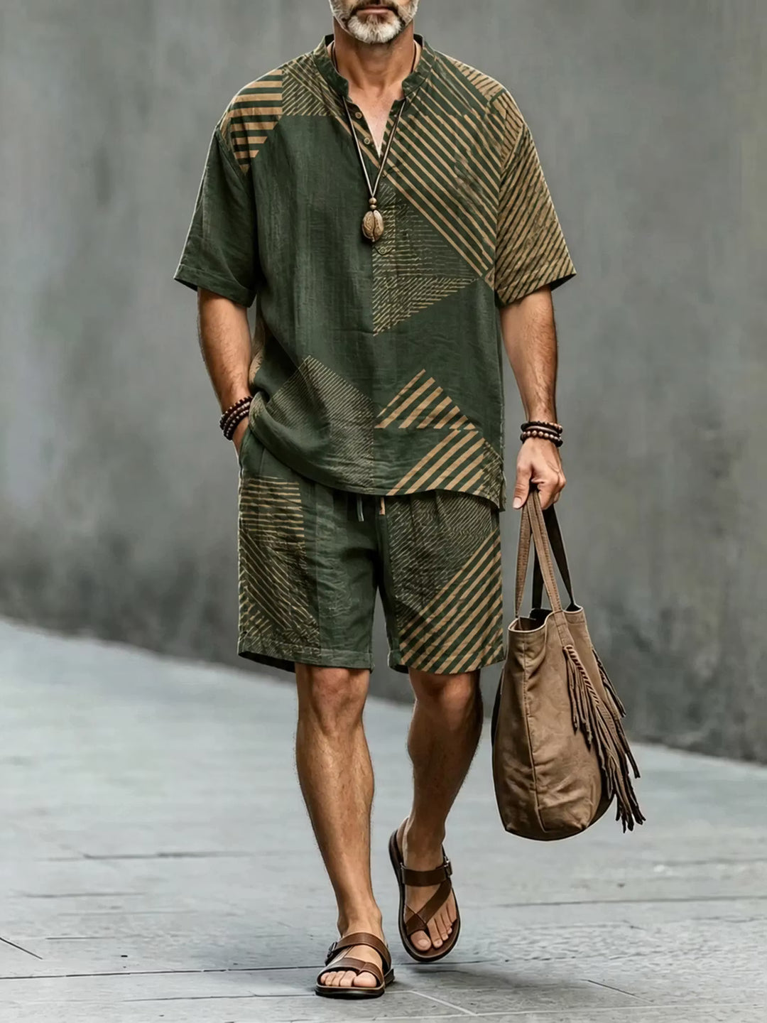 Men's Two-Piece Outfit Short Sleeve Shirt and Shorts Retro Geometric Print