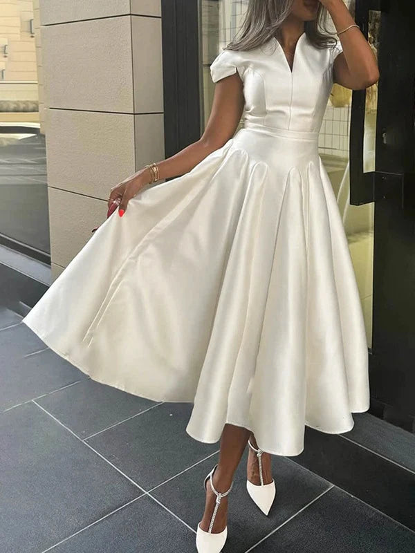 VESTIDO MIDI MANGA CORTA COLOR SOLIDO CON ESCOTE EN V MUJER