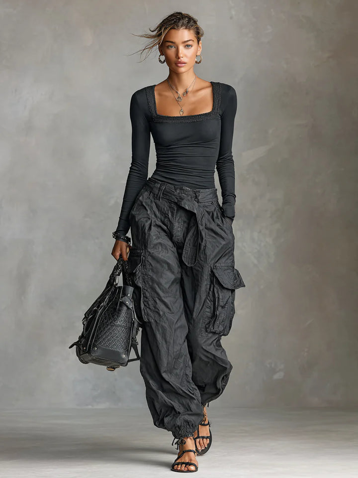 Conjunto Mulher Top Quadrado E Calças Cargo Urbanas