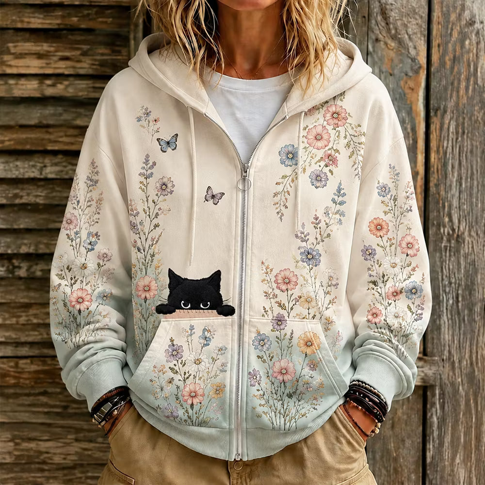 Sudadera Con Cremallera Completa - Estampado Gato Negro Boho Y Flores Silvestres