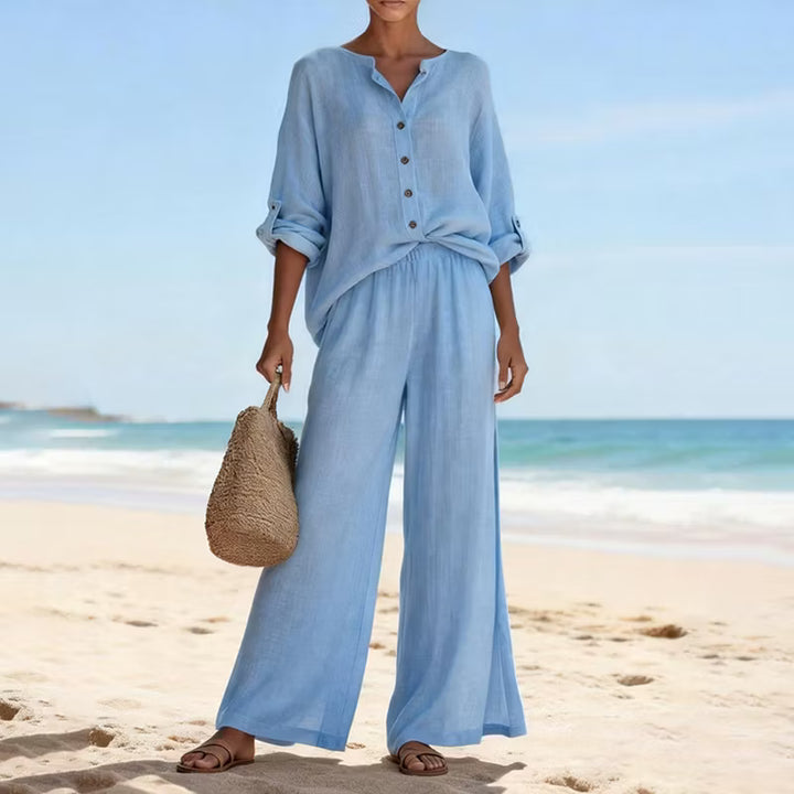 CONJUNTO FEMENINO VINTAGE DE DOS PIEZAS EN LINO: CAMISA Y PANTALÓN