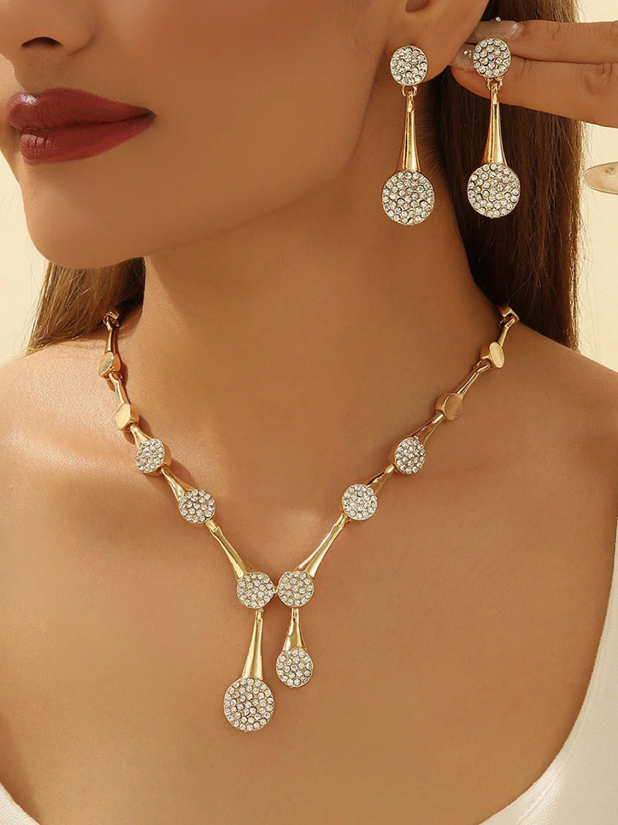 Conjunto De Collar Y Pendientes Geométrico Con Strass (3 Pcs)
