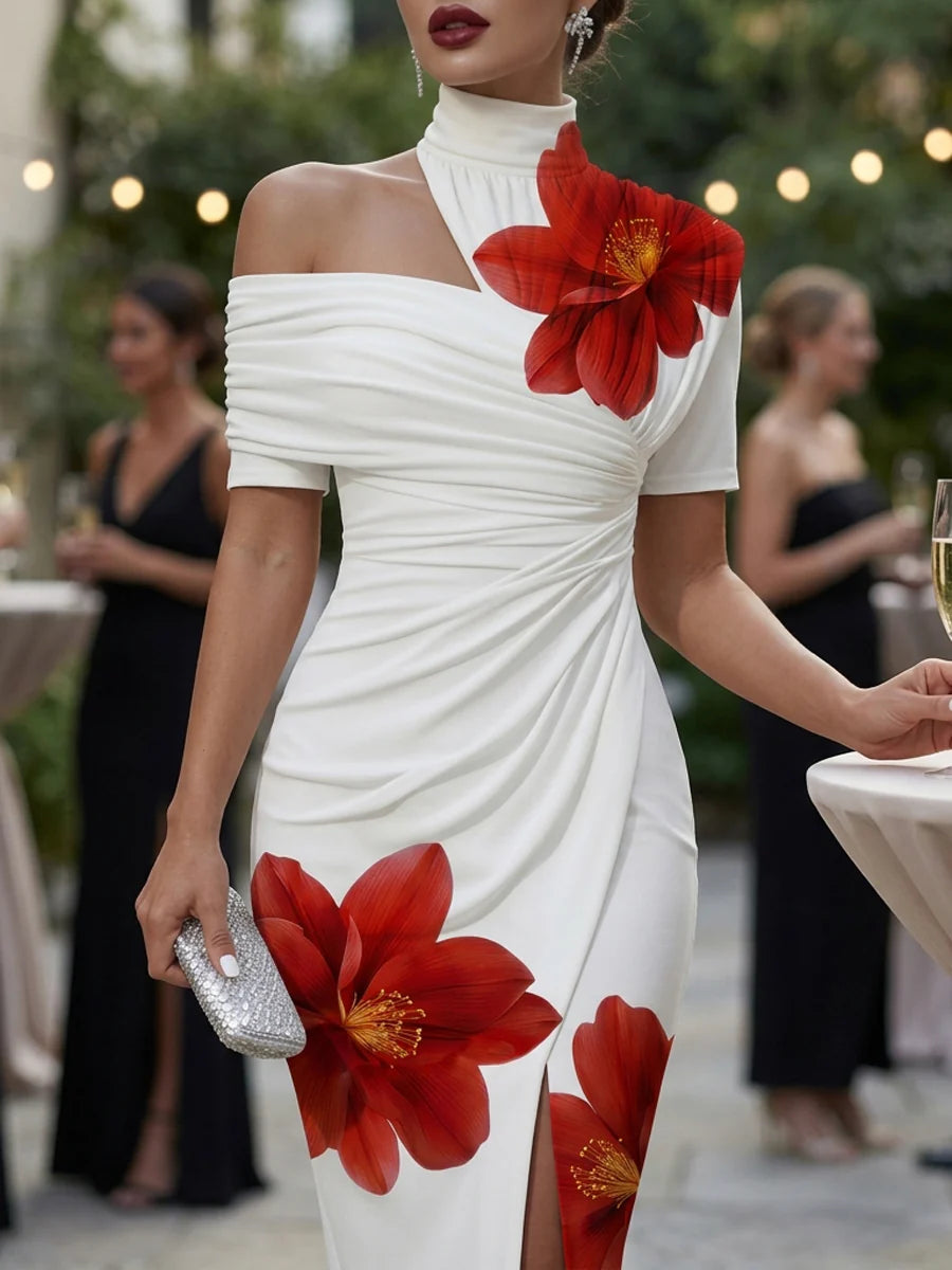 VESTIDO MIDI BODYCON MANGA CURTA COM ESTAMPADO FLORAL PLISSADO E ABERTURA FRONTAL - GOLA ALTA