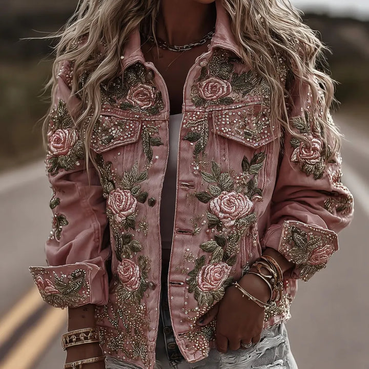 Chaqueta Vaquera Vintage Romántica Con Bordado De Rosas Rosas