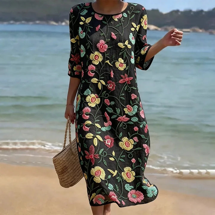Vestido Vintage Solto De Manga 3/4 Com Estampado Floral Em Mistura de Linho