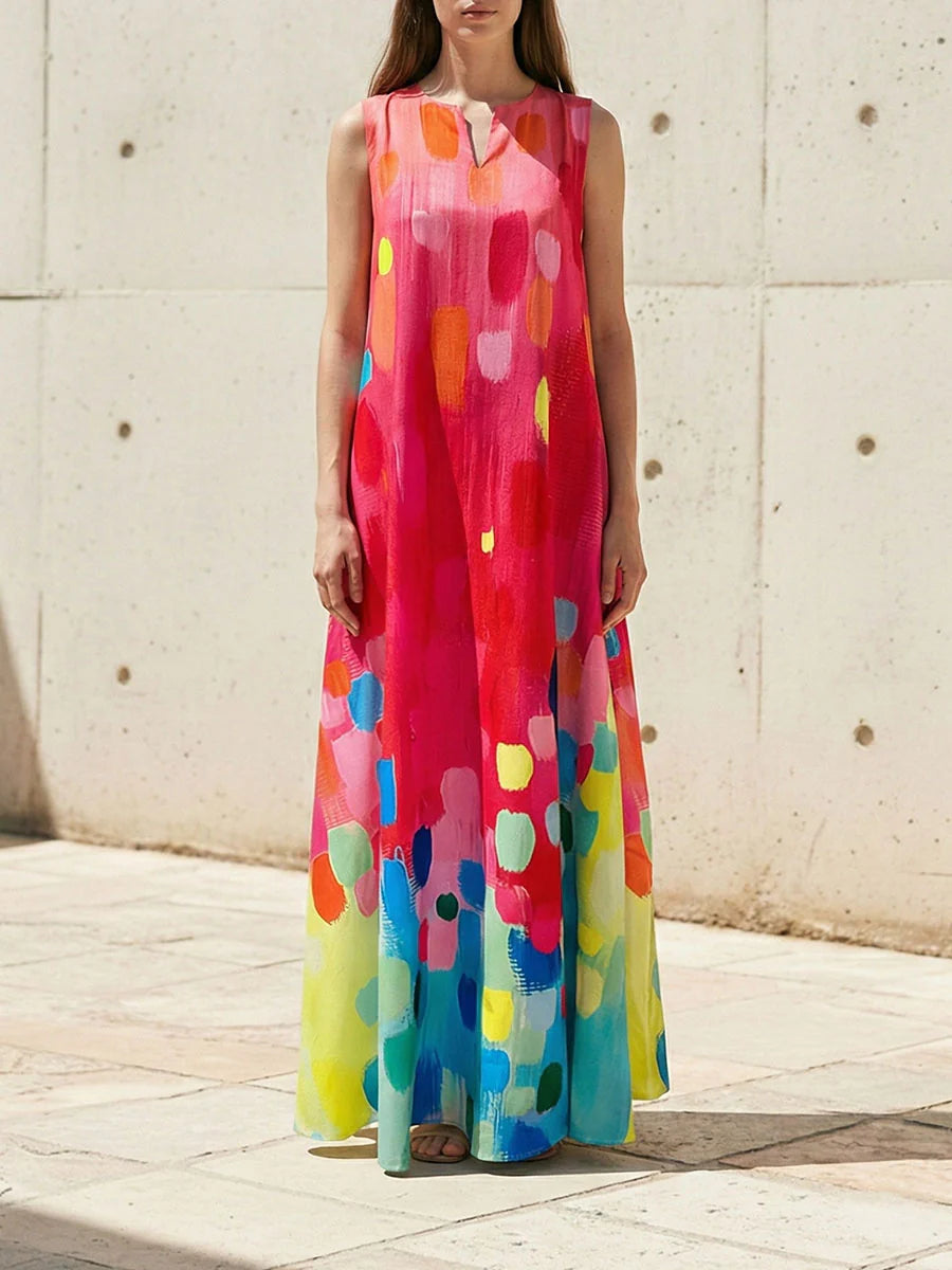 Vestido maxi suelto sin mangas escote en v estampado color contrastante