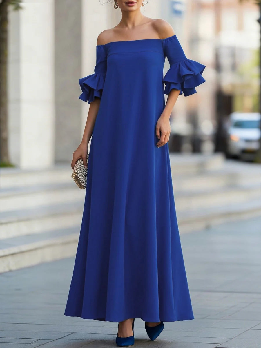 Vestido Maxi Folgado com Ombros Descaídos, Manga Média, Folhos e Cor Sólida