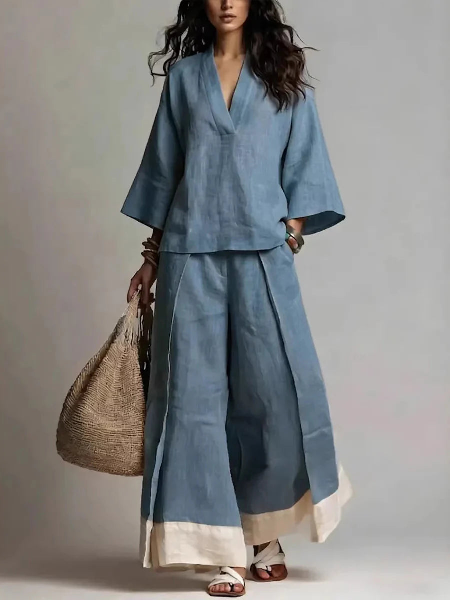 Conjunto dos piezas plus size lino escote en v bolsillos plisado color contrastante