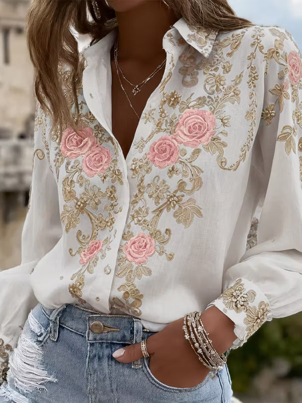 Long Sleeve Shirt with Artistic Rose Embroidery and Vintage Style Buttons