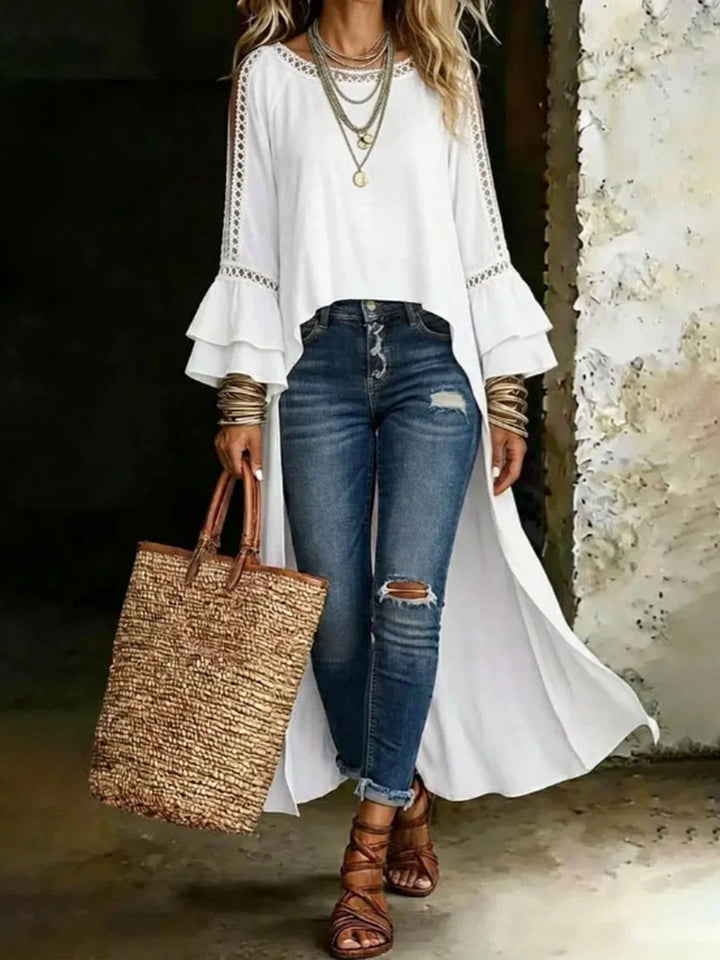 Blusa Color Sólido Manga Larga Con Volantes Calados Y Cuello Redondo
