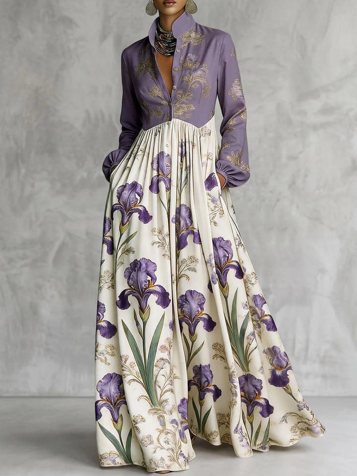VESTIDO MAXI DE CINTURA ALTA EM A COM ESTAMPADO FLORAL, CONTRASTE DE CORES, BOTÕES, BOLSOS E DRAPEADO - GOLA MAO