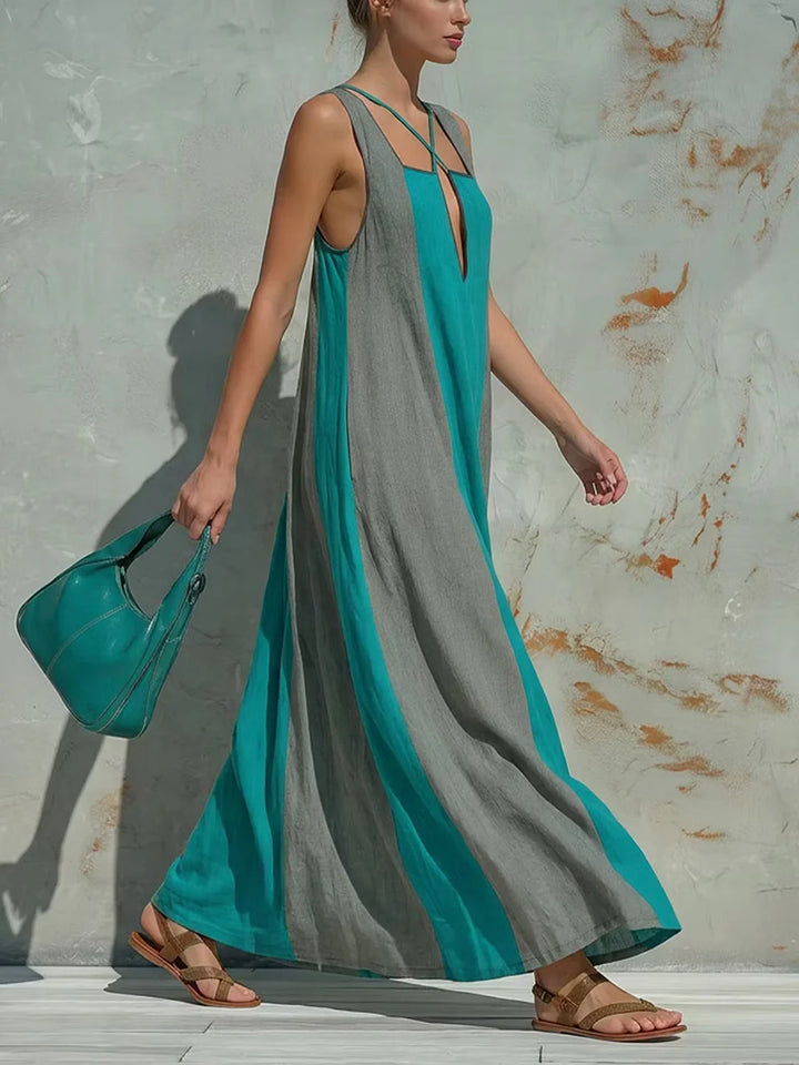 VESTIDO MAXI LARGO SEM MANGAS, COM DECOTE QUADRADO, COSTAS ABERTAS E BOLSOS