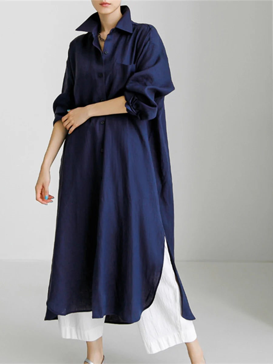 Vestido Maxi Camisero Con Solapa, Botones Y Bolsillos Laterales
