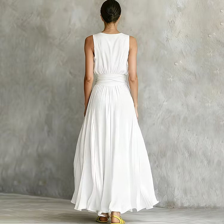 Vestido Maxi Elegante Sin Mangas Con Cuello Redondo Color Sólido Y Cintura Ajustada Con Cordones