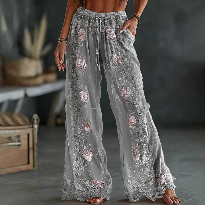 Pantalones Casuales De Lino Mixto Con Estampado Floral Bordado Vintage De Primavera Para Mujer