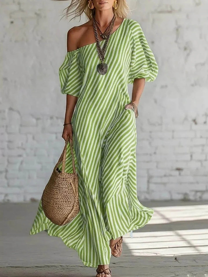 Vestido Maxi Plus Size às Riscas De Um Ombro Com Bolsos E Manga Balão