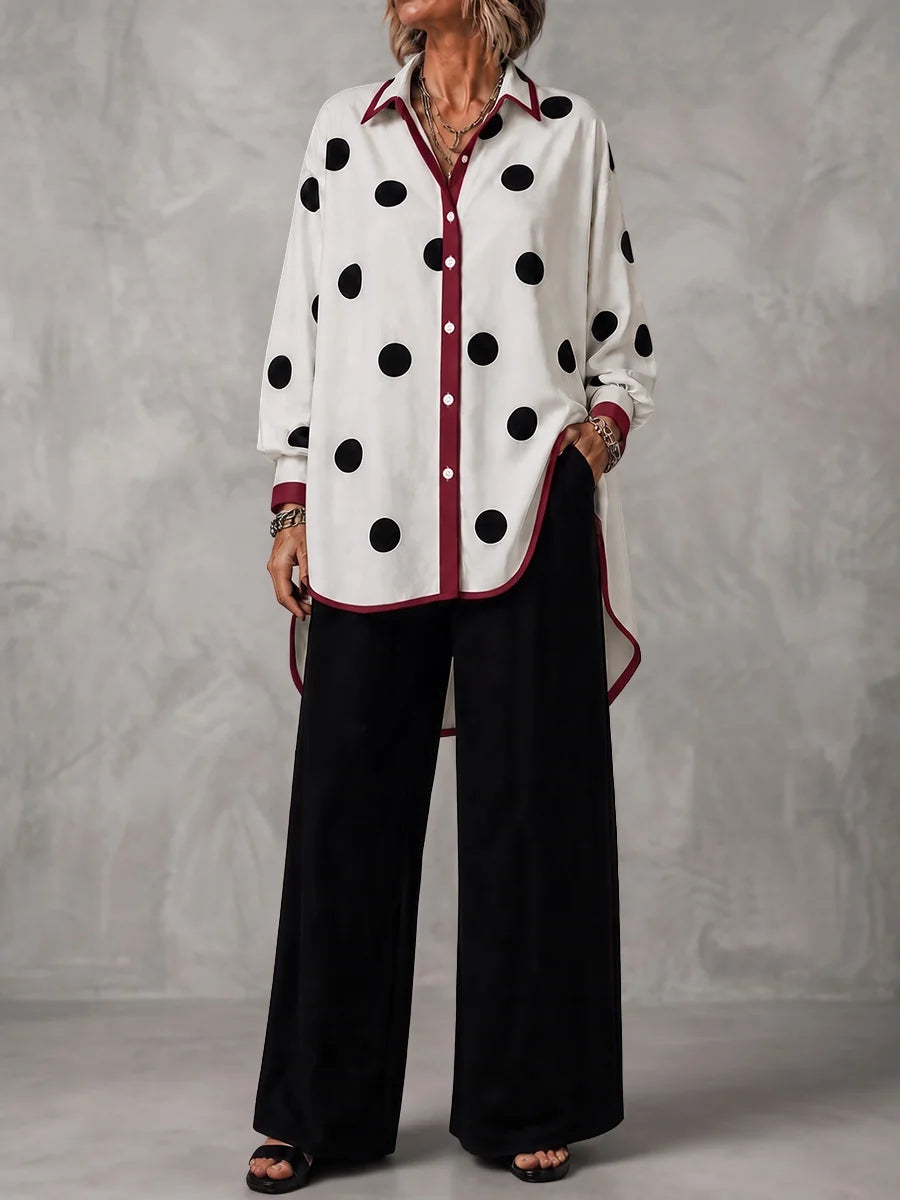 Blusa De Manga Larga Con Solapa, Botones Y Estampado De Lunares Contrastantes