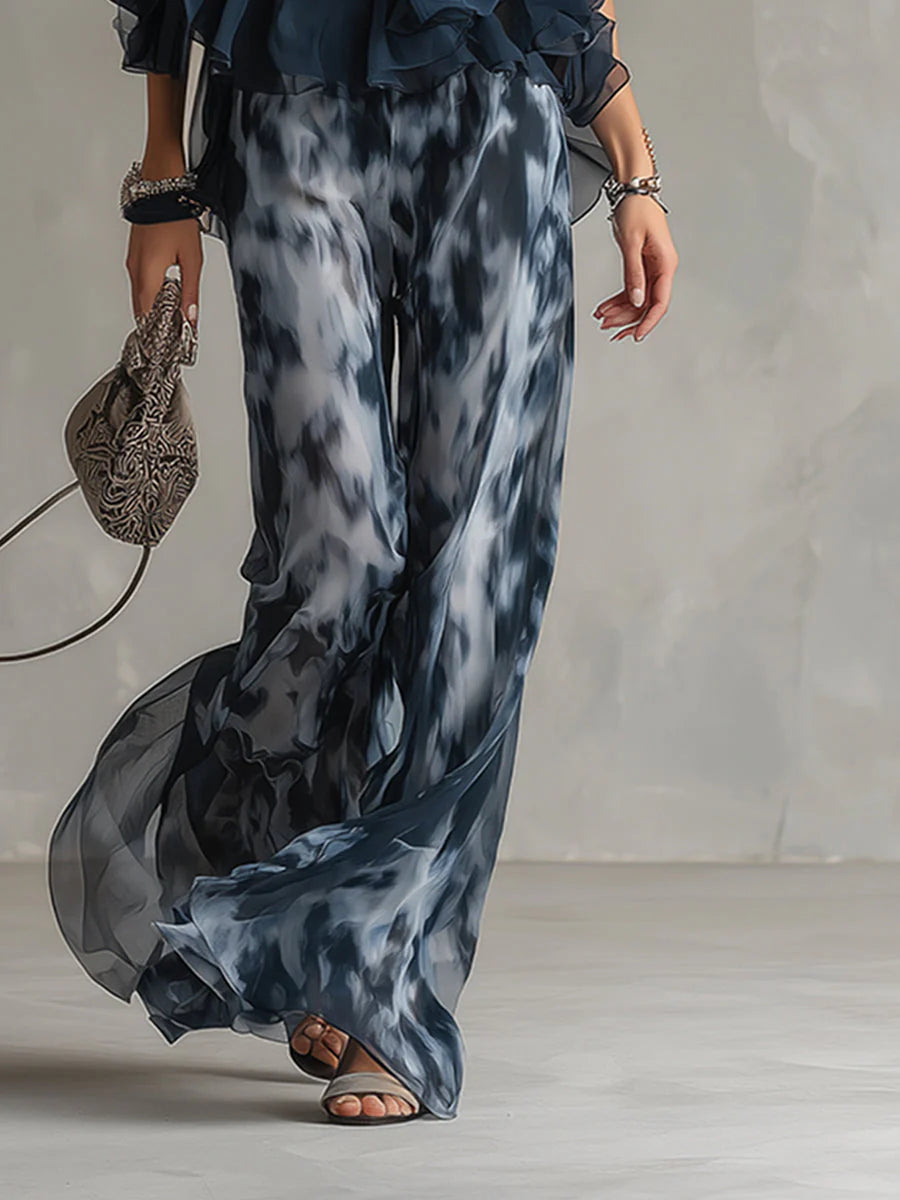 Luna | Conjunto Elegante De Gasa Com Top De Gola Alta E Calças Largas Estampadas